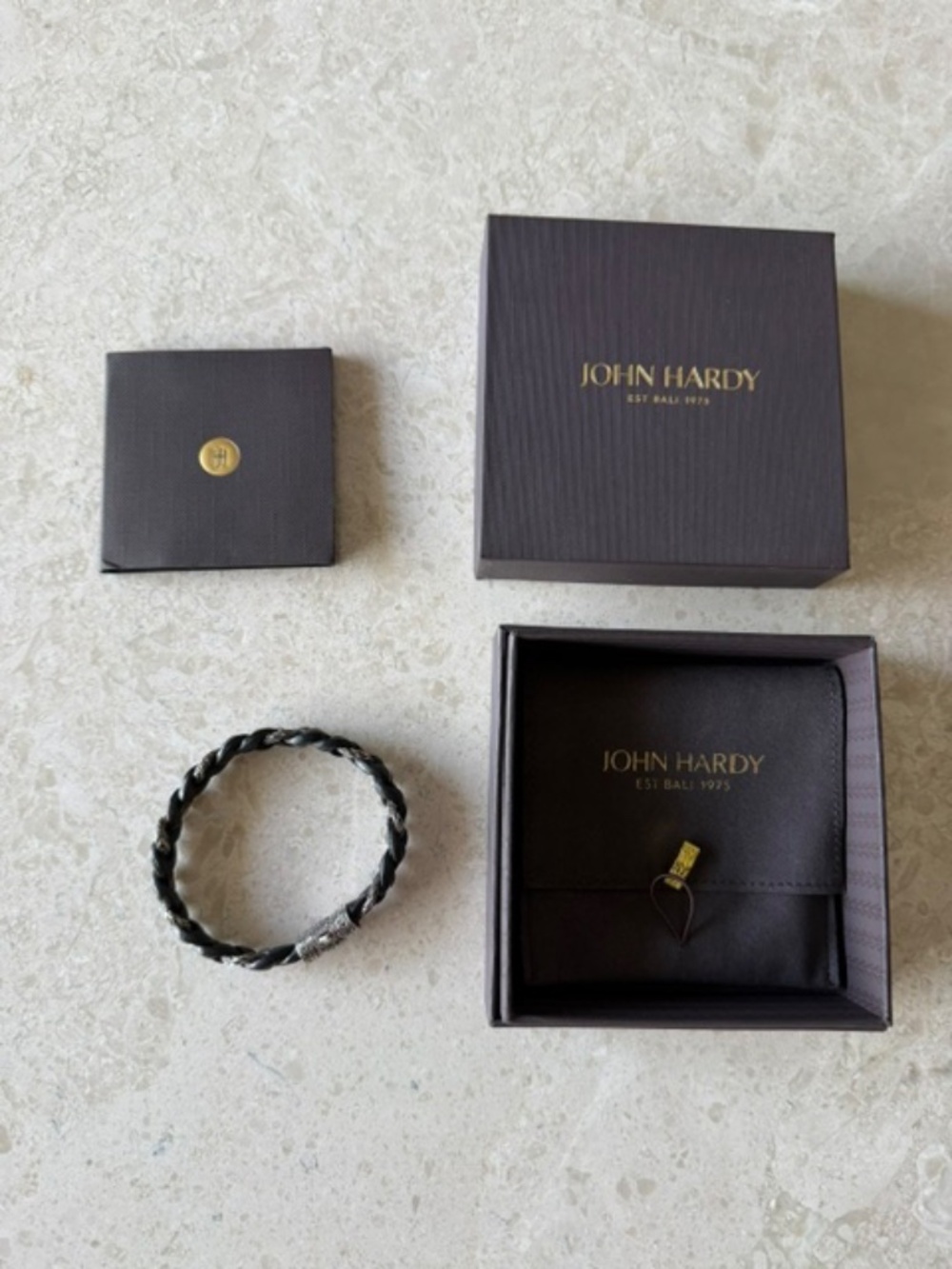 John Hardy Men's Classic Chain Silver Braided Bracelet with Black Leather Cord